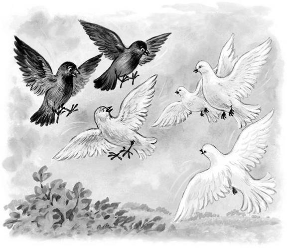 Иллюстрация к басне Галка и голуби